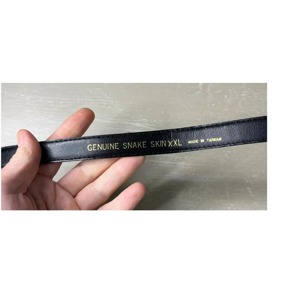 Vintage 80's Made in Taiwan Black Snakeskin Belt with Gold Clasp Closure